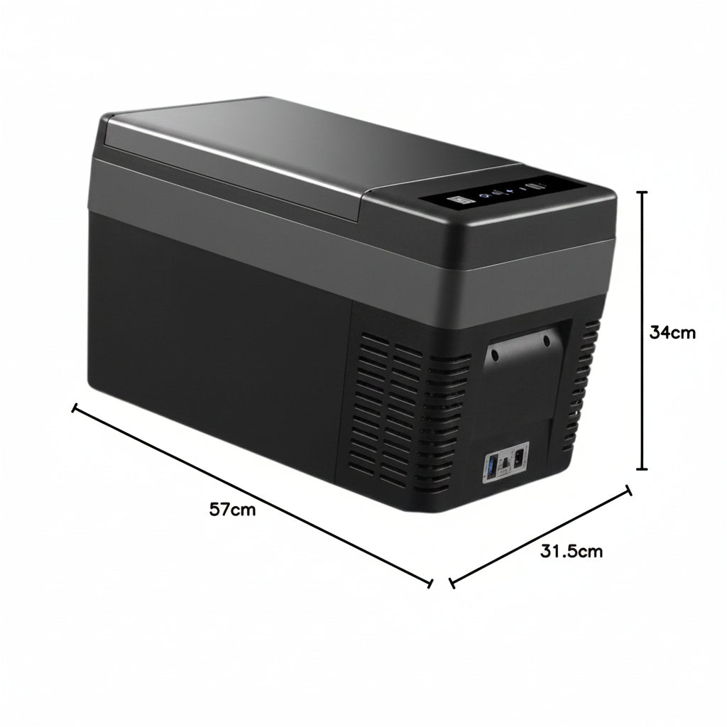 Black portable refrigerator with dimensions labeled on a white background