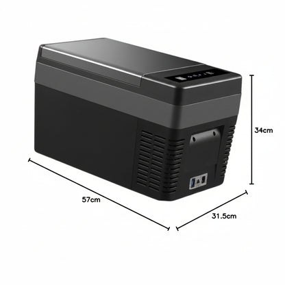 Black portable refrigerator with dimensions labeled on a white background