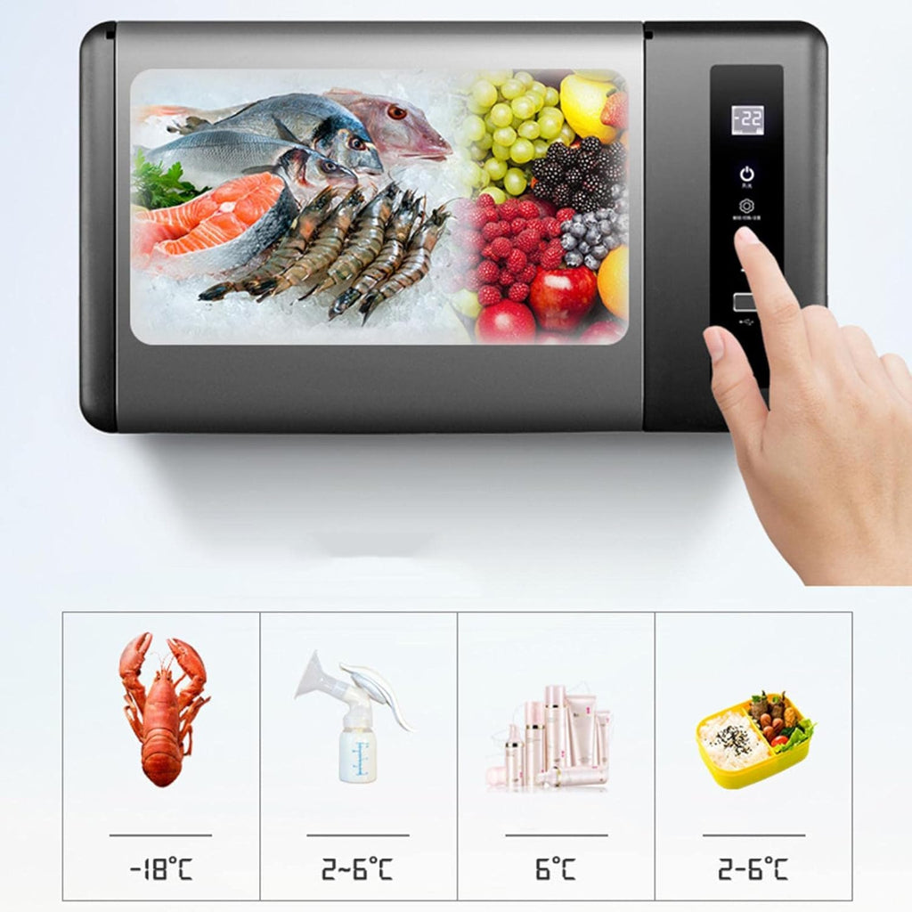 Digital temperature display with food images and a hand pressing a button on a white background