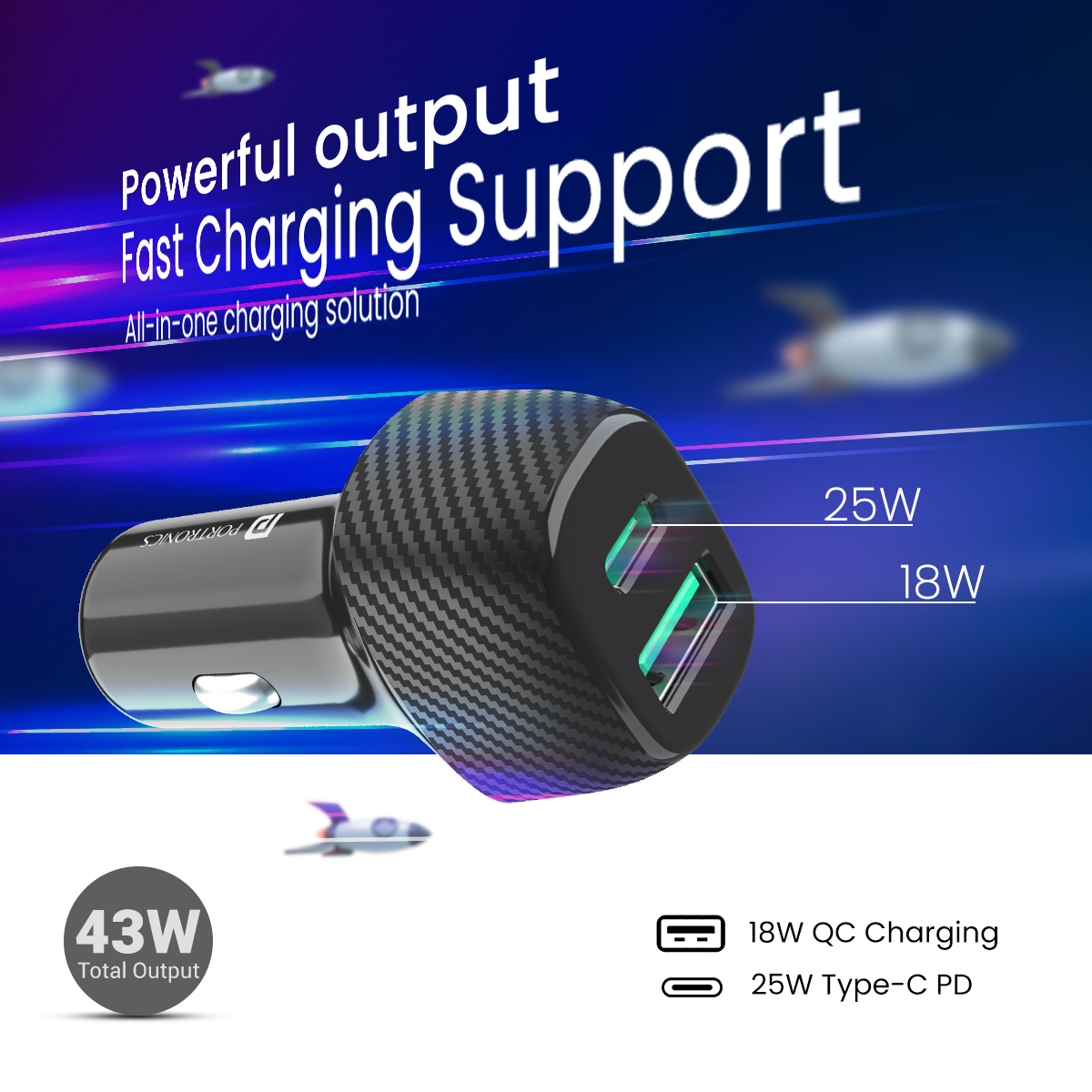 Car Power 13 Fast Car Charger with Dual Port