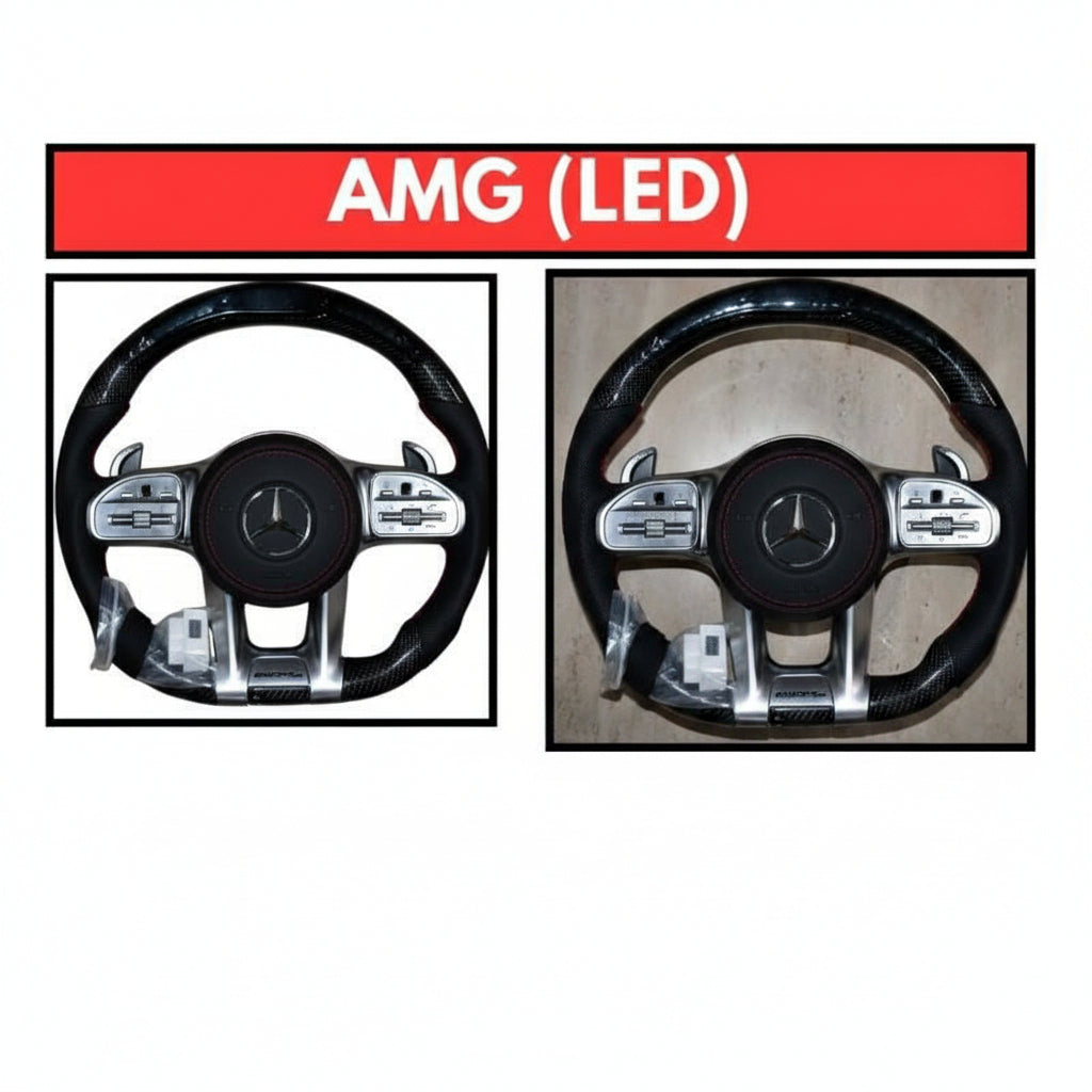 Two views of a steering wheel with AMG (LED) on a white background.