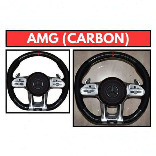 Two views of a Mercedes steering wheel with 'AMG Carbon' label on a white background