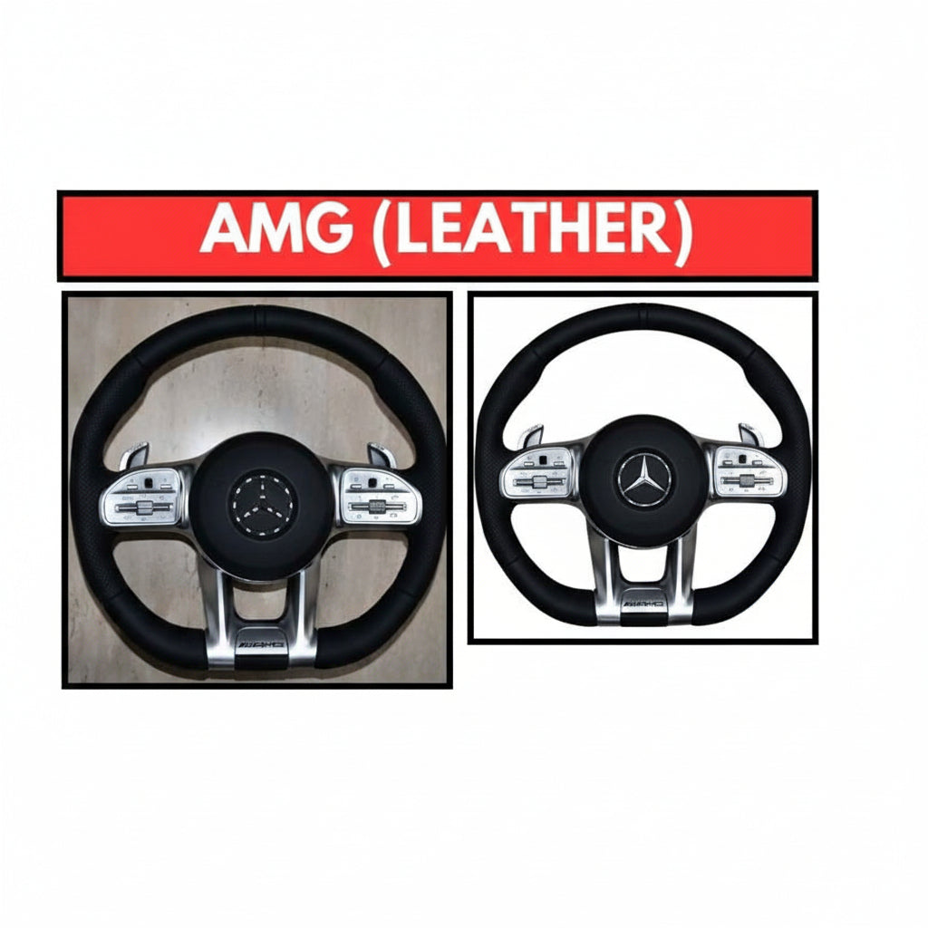 Steering wheel with AMG (Leather) label on a white background