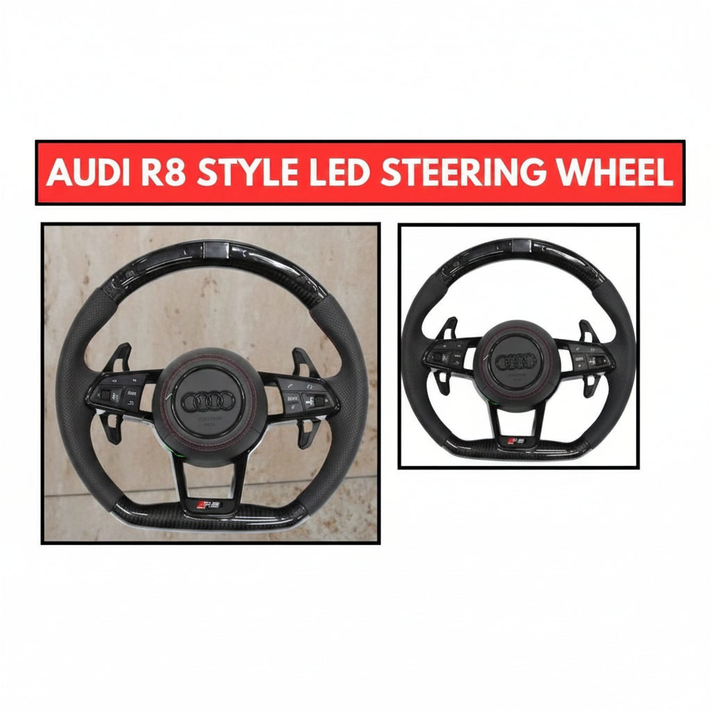 Audi R8 style LED steering wheel with a red label on a white background