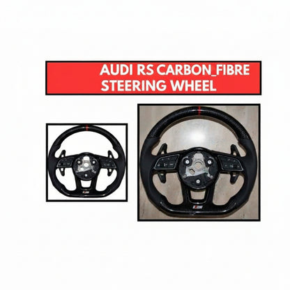 Audi RS Carbon-Fibre steering wheel with a red label on a white background.