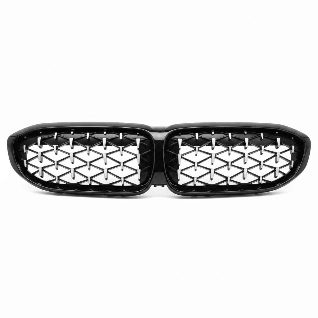 Black car grille with diamond pattern on a white background