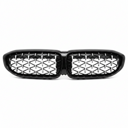 Black car grille with diamond pattern on a white background