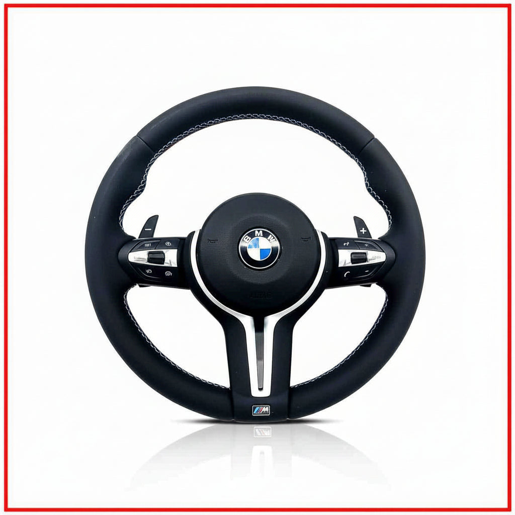 Black BMW steering wheel with logo on a white background