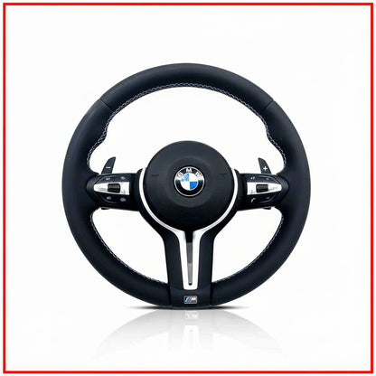 Black BMW steering wheel with logo on a white background