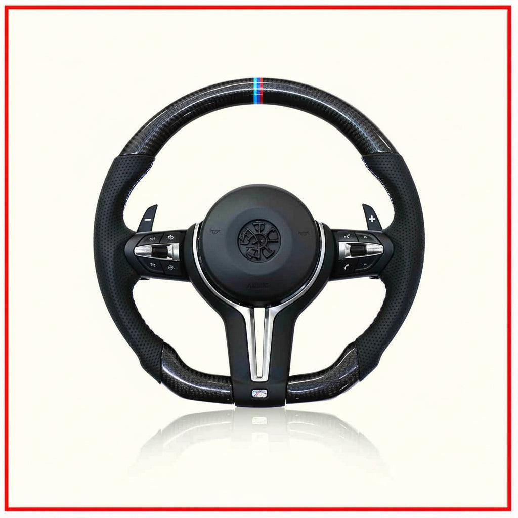 Black steering wheel with carbon fiber texture on a white background