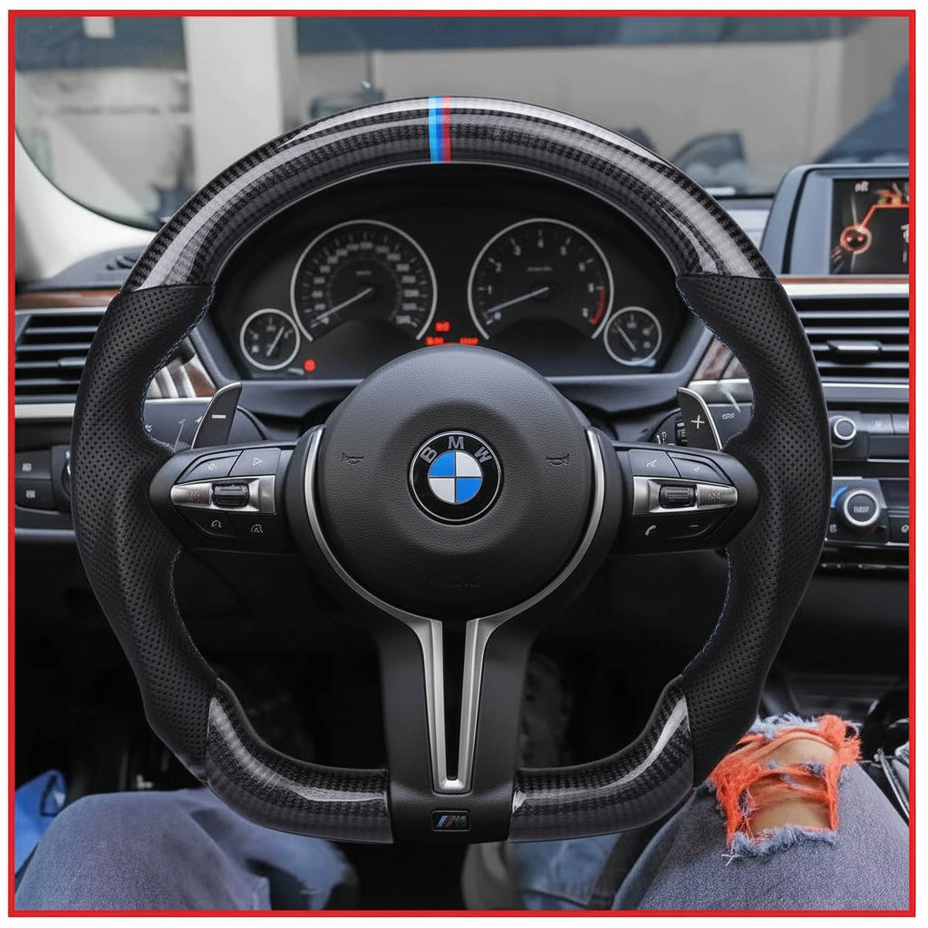 Steering wheel with BMW logo in a car interior