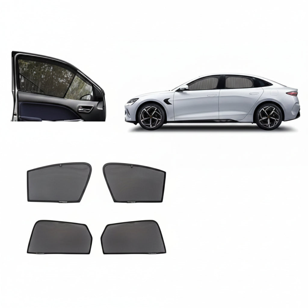 Car window sunshades displayed with a white car on a white background