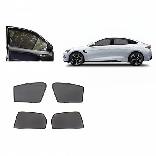 Car window sunshades displayed with a white car on a white background