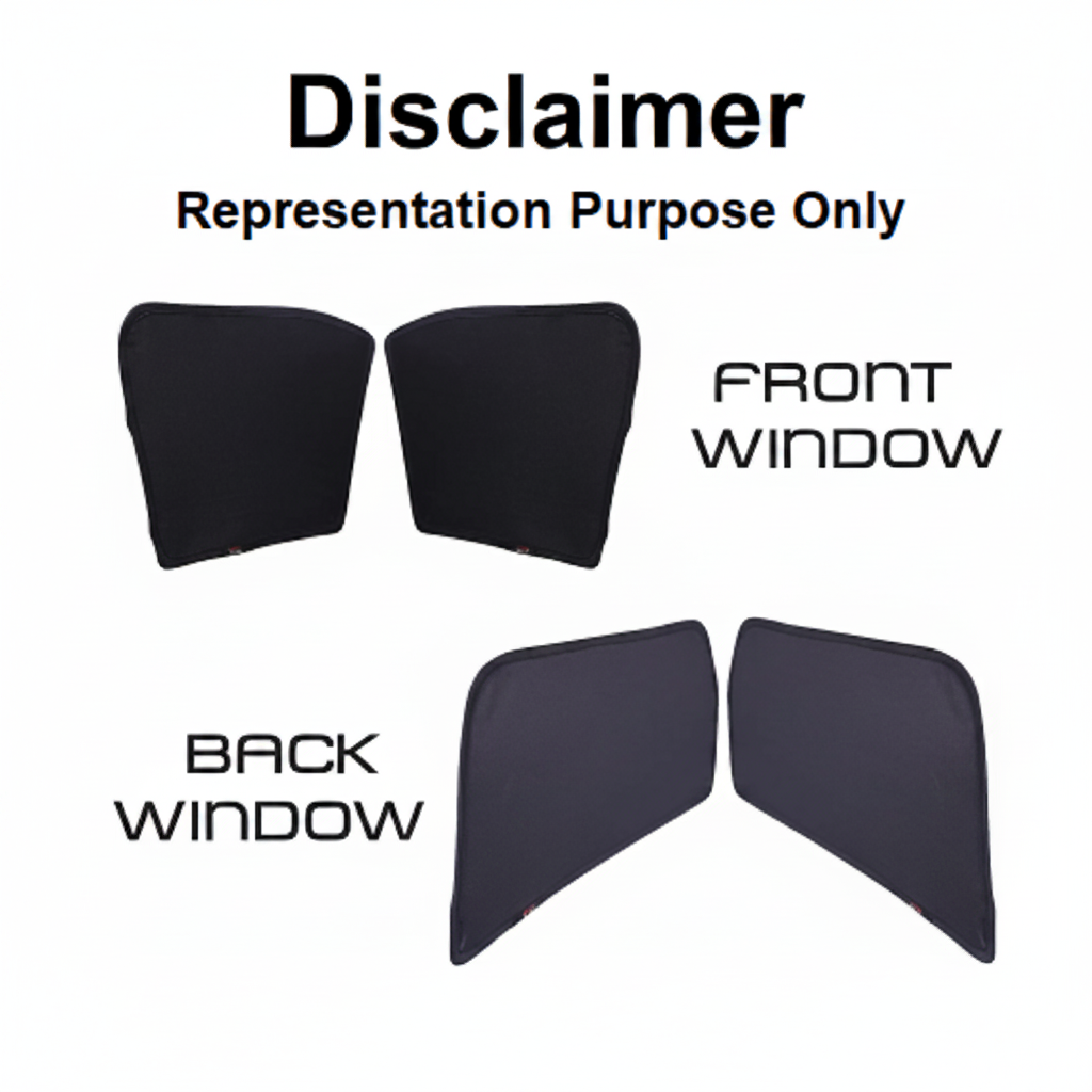Car window sunshades labeled 'Front Window' and 'Back Window' with a disclaimer on a white background.
