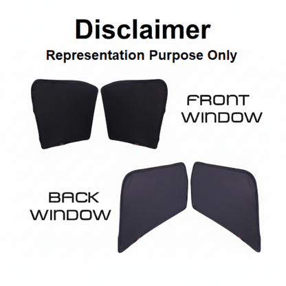 Car window sunshades labeled 'Front Window' and 'Back Window' with a disclaimer on a white background.