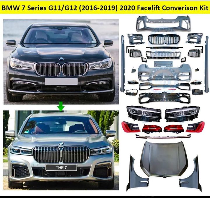 BMW 7 Series G11/G12 facelift conversion kit with car images and parts on a white background.