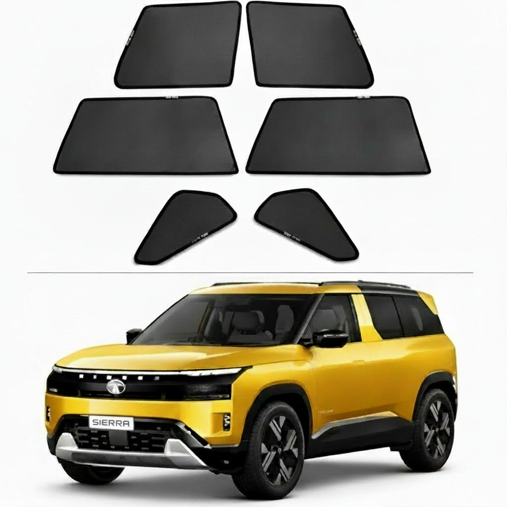 Set of 6 car sunshades displayed in front of a yellow SUV on a white background