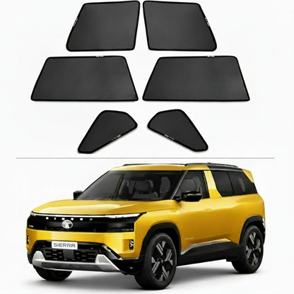 Set of 6 car sunshades displayed in front of a yellow SUV on a white background