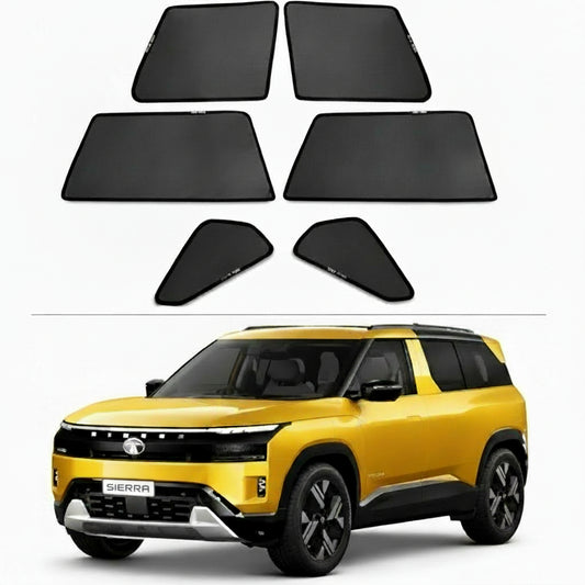 Set of 6 car sunshades displayed in front of a yellow SUV on a white background