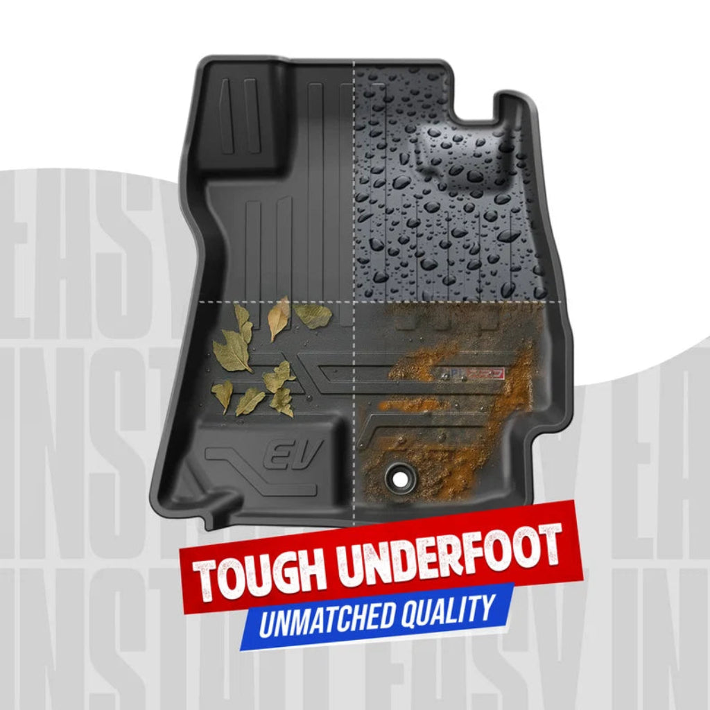A black molded car floor mat shown on a white background with a gray branded backdrop. The mat is split into four quadrants to demonstrate cleanliness: dry textured surface, wet surface with water droplets, dry with leaves, and wet with rust.