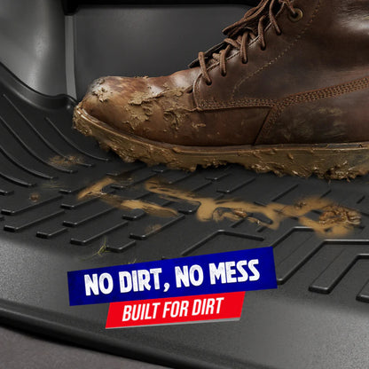 A muddy brown leather work boot rests on a black rubber car floor mat with mud splattered on it. A blue and red text overlay reads 'NO DIRT, NO MESS' and 'BUILT FOR DIRT'.