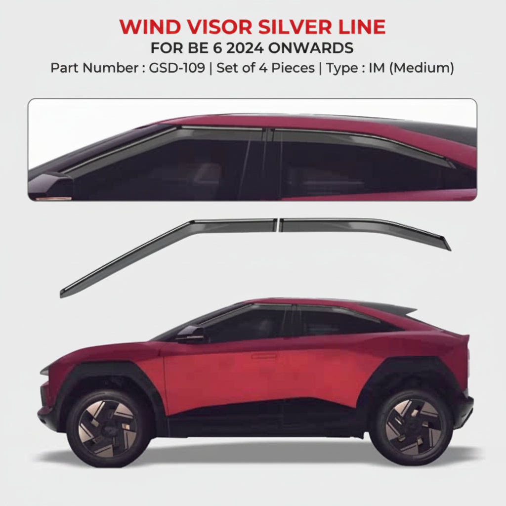 Wind visor silver line for BE 6, with product details and a red car illustration.