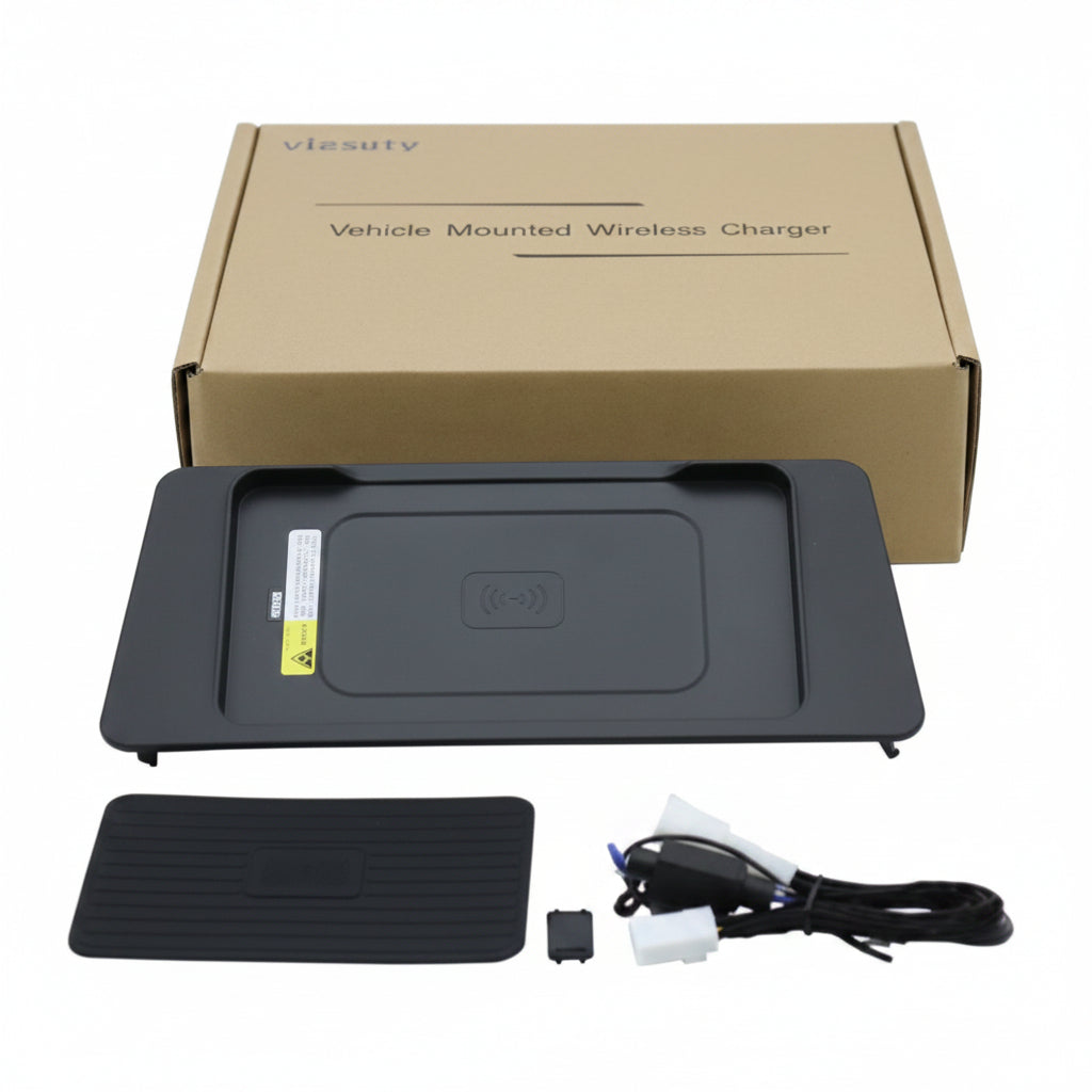 Vehicle-mounted wireless charger with packaging and accessories on a white background
