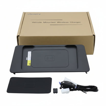 Vehicle-mounted wireless charger with packaging and accessories on a white background
