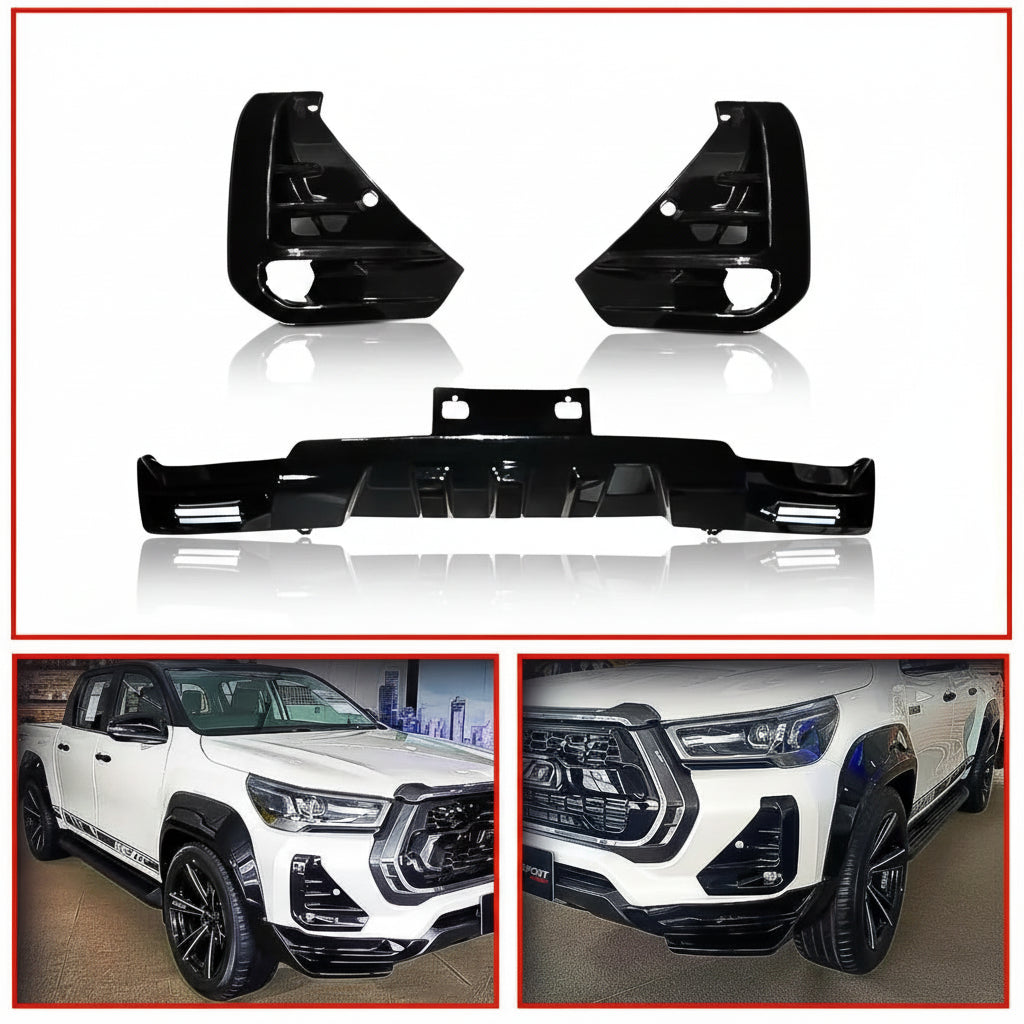 Black car bumper parts with a white truck in the background