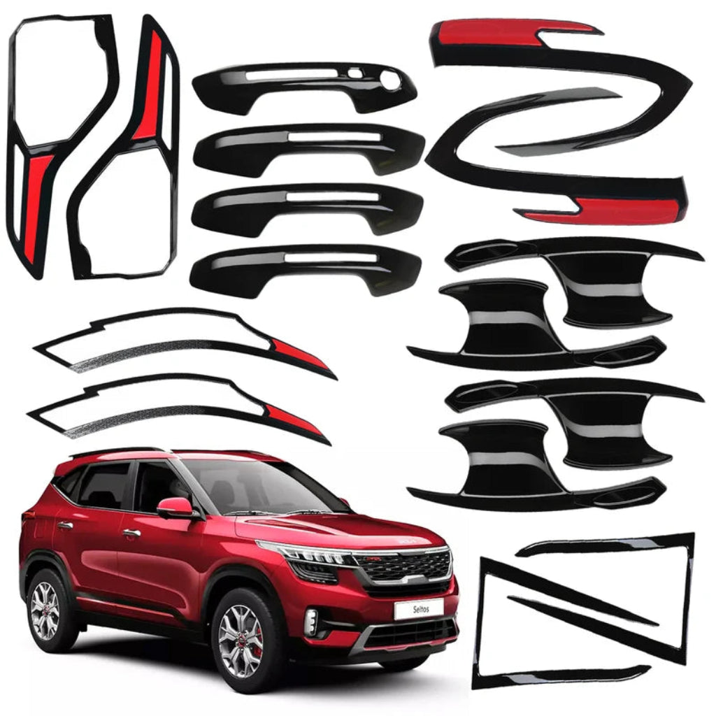 Black combo kit for Seltos, displayed on a white background with red car.