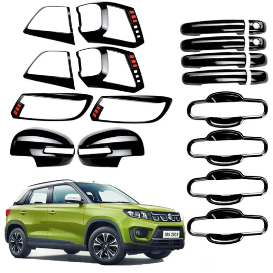 Black combo kit for Brezza, displayed on a white background with red car.