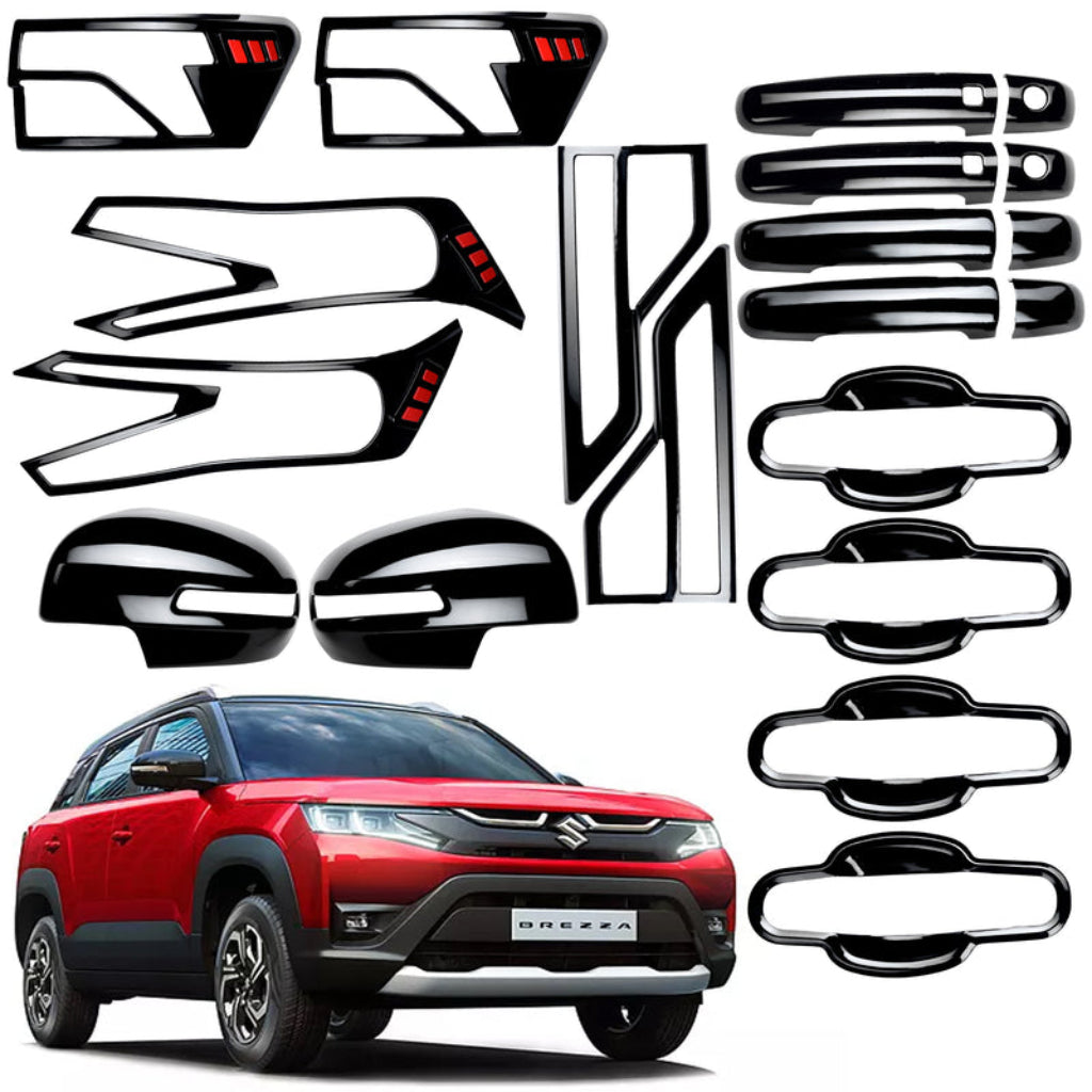 Black combo kit for Brezza, displayed on a white background with red car.
