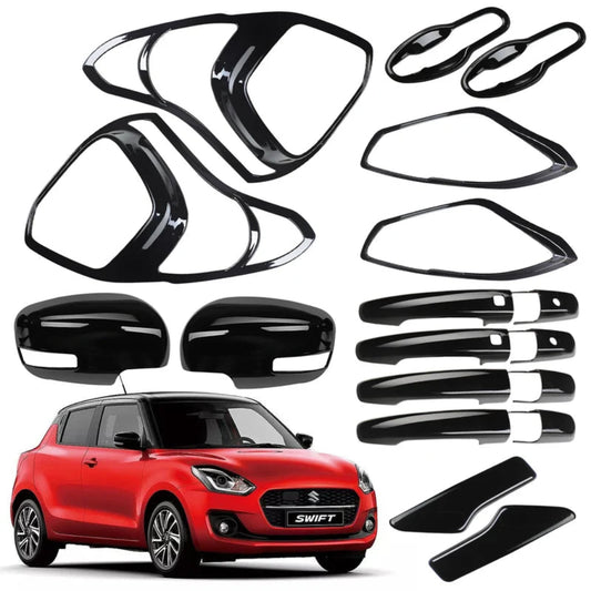 Parts of Black combo kit for Swift placed on a white background with a red car.
