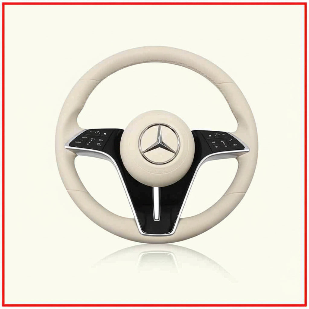 Beige steering wheel with Mercedes-Benz logo on a white background