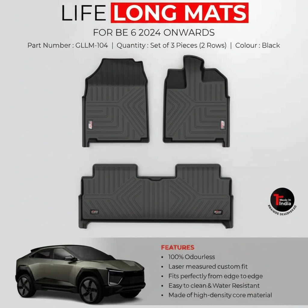 Set of car floor mats for BE 6 with product details on a white background