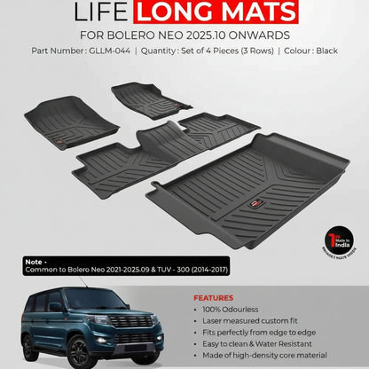 Set of black car floor mats with vehicle and product details on a gray background