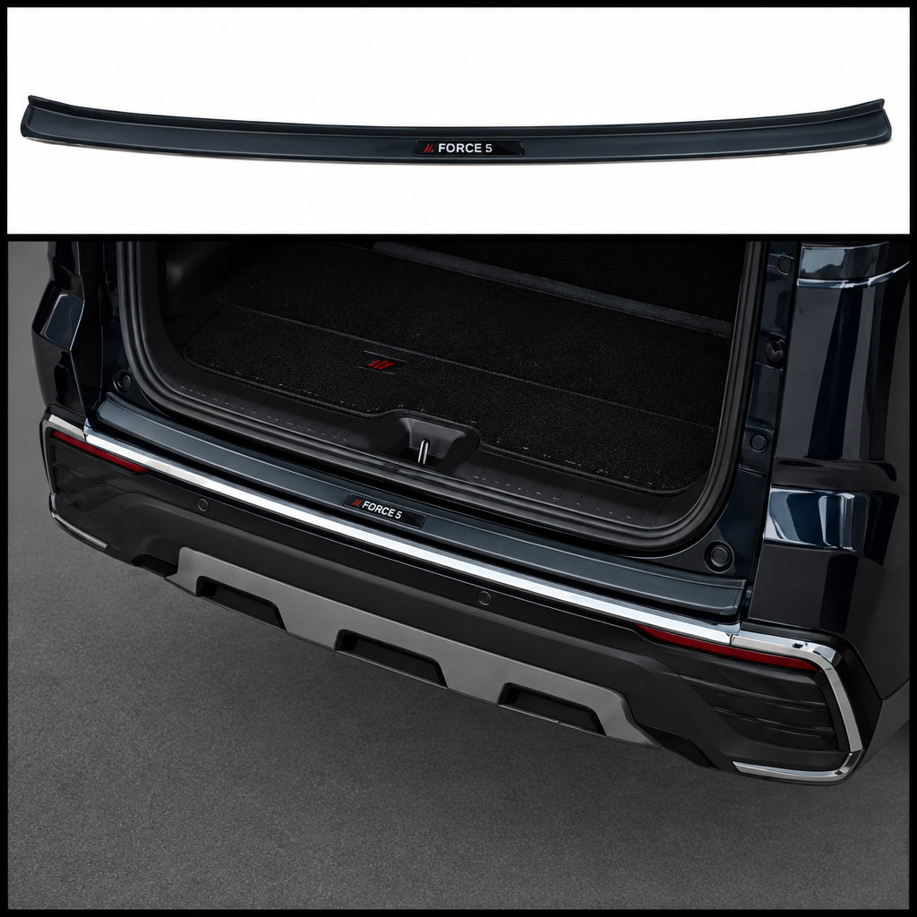 A black bumper step trim is shown above its installed view on the rear bumper of Hycross.