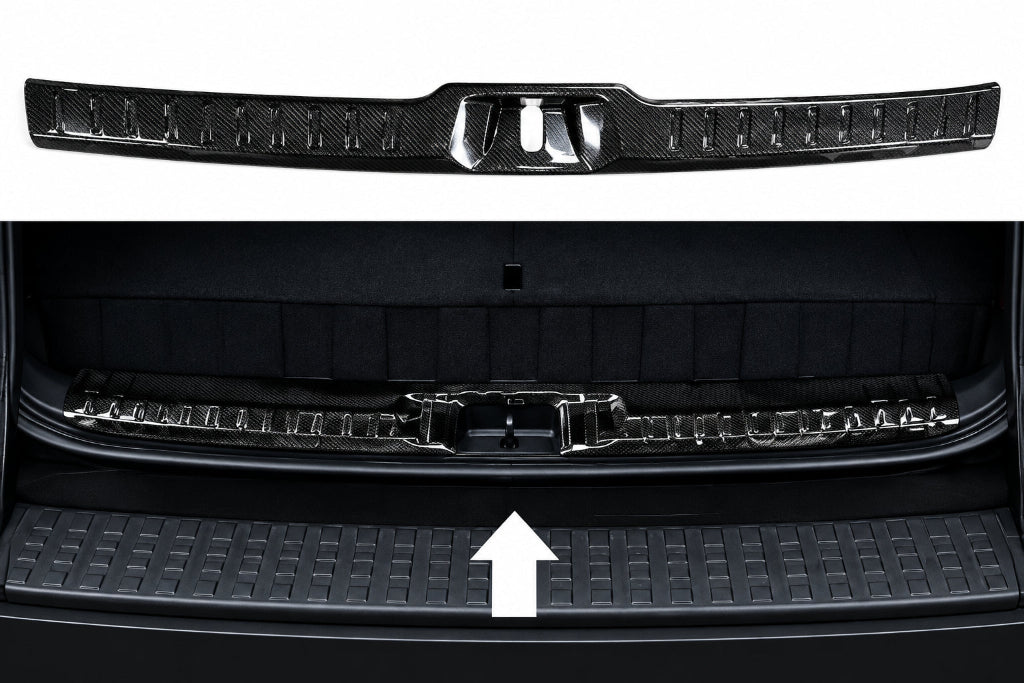A carbon fiber textured trunk spoiler lip shown in two views: a top-down detail view on a white background and a bottom view installed inside a car trunk with an arrow indicating placement.