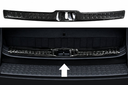 A carbon fiber textured trunk spoiler lip shown in two views: a top-down detail view on a white background and a bottom view installed inside a car trunk with an arrow indicating placement.