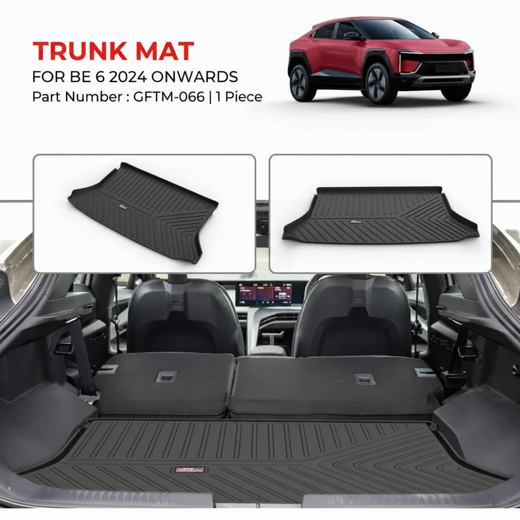 Trunk mat for Mahindra BE 6 with part number of the product GFTM-066, shown in an open car trunk.