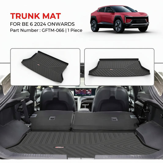 Trunk mat for Mahindra BE 6 with part number of the product GFTM-066, shown in an open car trunk.