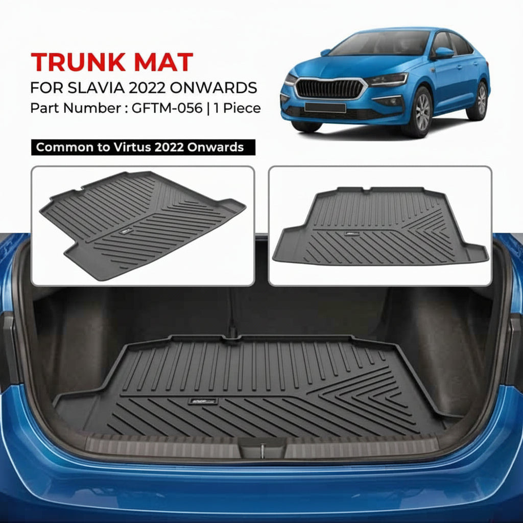 Trunk mat for Skoda Slavia and Virtus cars with product details and car image.