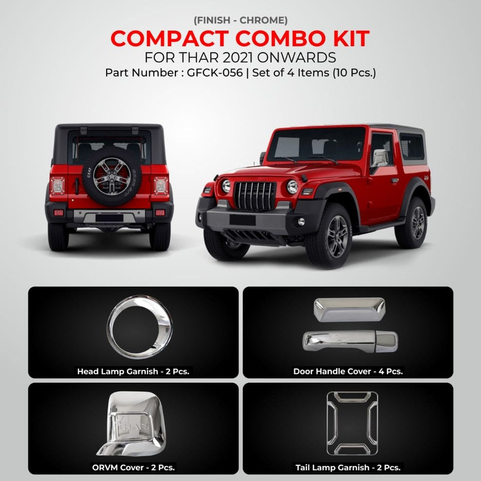 Compact Combo Kit For Mahindra Thar - Model 2020 Onwards - Chrome Finish