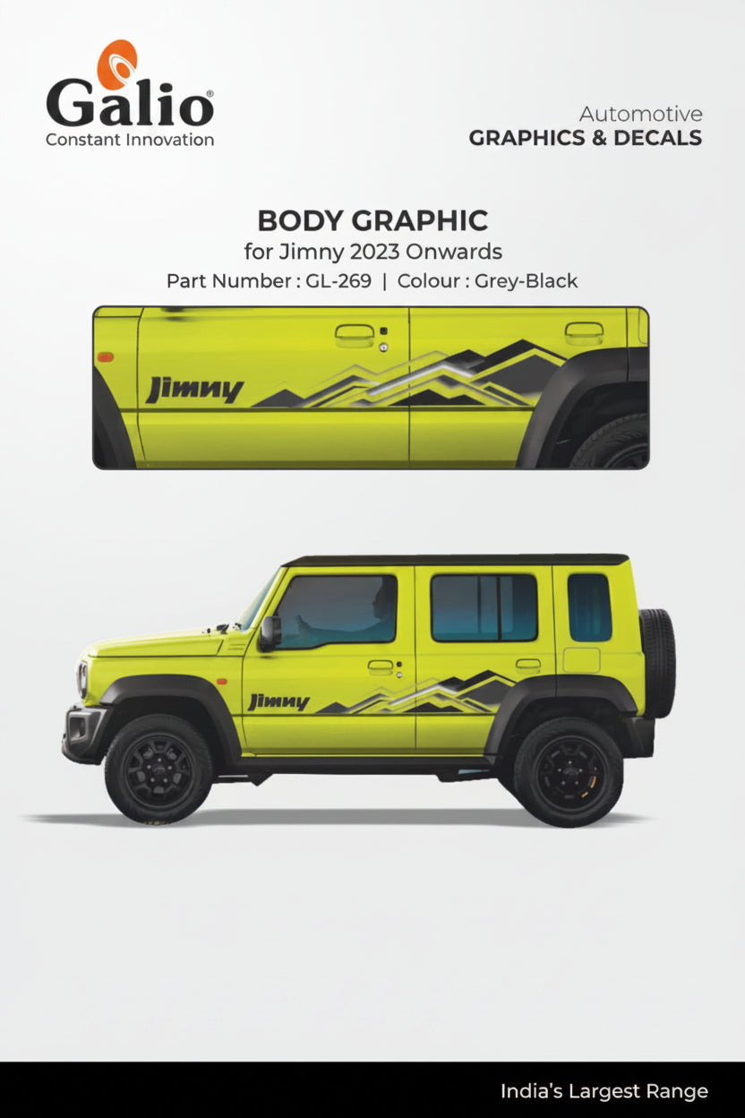 Yellow SUV with black graphics and 'Jimny' branding, featuring Galio automotive graphics and decals on a white background.