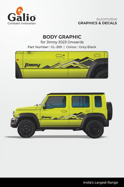 Yellow SUV with black graphics and 'Jimny' branding, featuring Galio automotive graphics and decals on a white background.