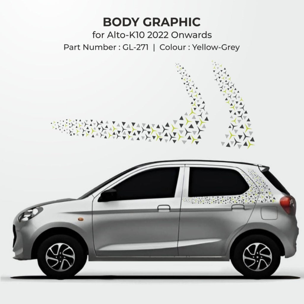 Car body graphic for Alto-K10 2022 onwards with design elements on a white background.