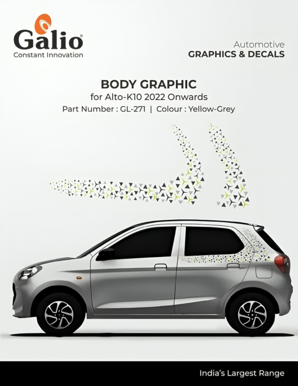 Car body graphic for Alto K10 2022 onwards by Galio with yellow-grey design.