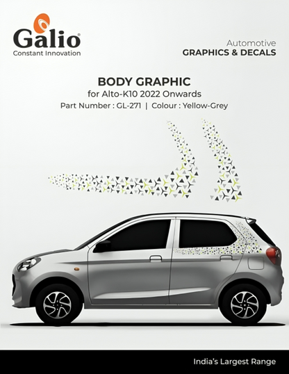 Car body graphic for Alto K10 2022 onwards by Galio with yellow-grey design.
