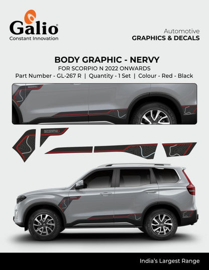 Car body graphic set for Scorpio N 2022 onwards by Galio Automotive on a white background.