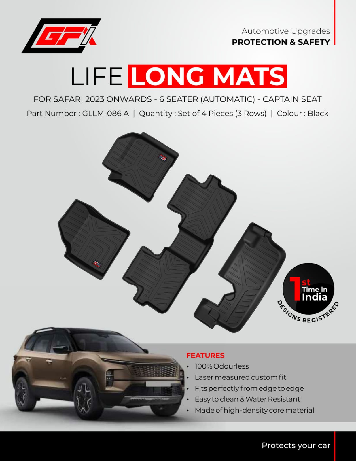 Car Floor Mat For Tata Safari 6 Seaters Automatic - Model 2024 Onwards